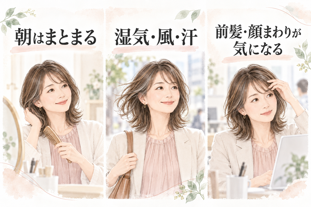 朝整えた髪が通勤後に気になる場面のイメージ。