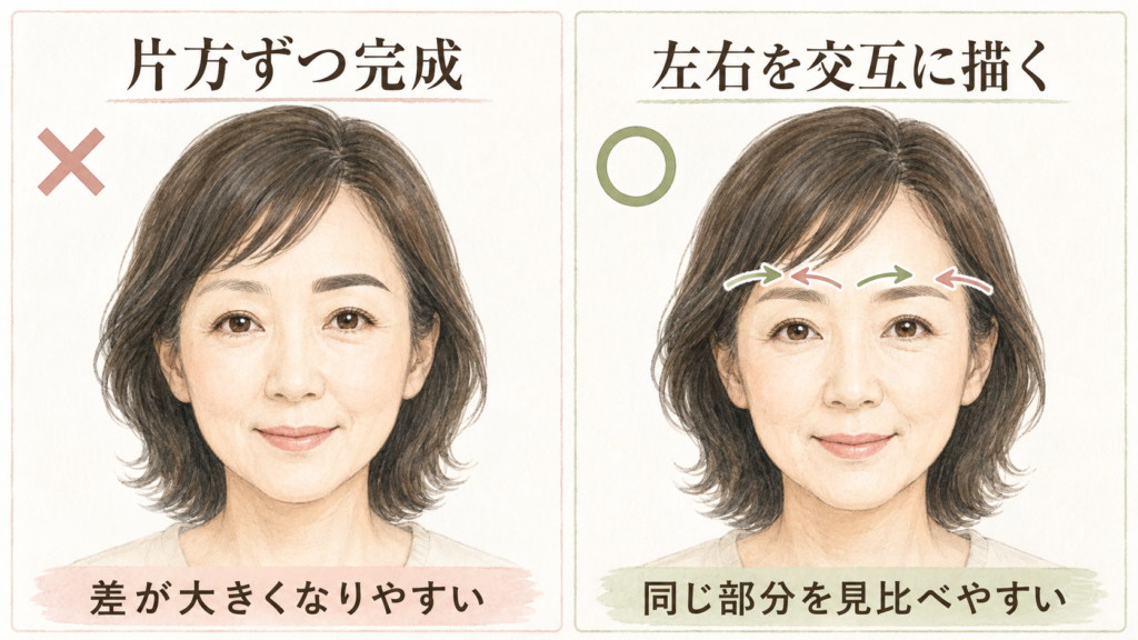 左右差を減らす眉毛の描き方を示した図