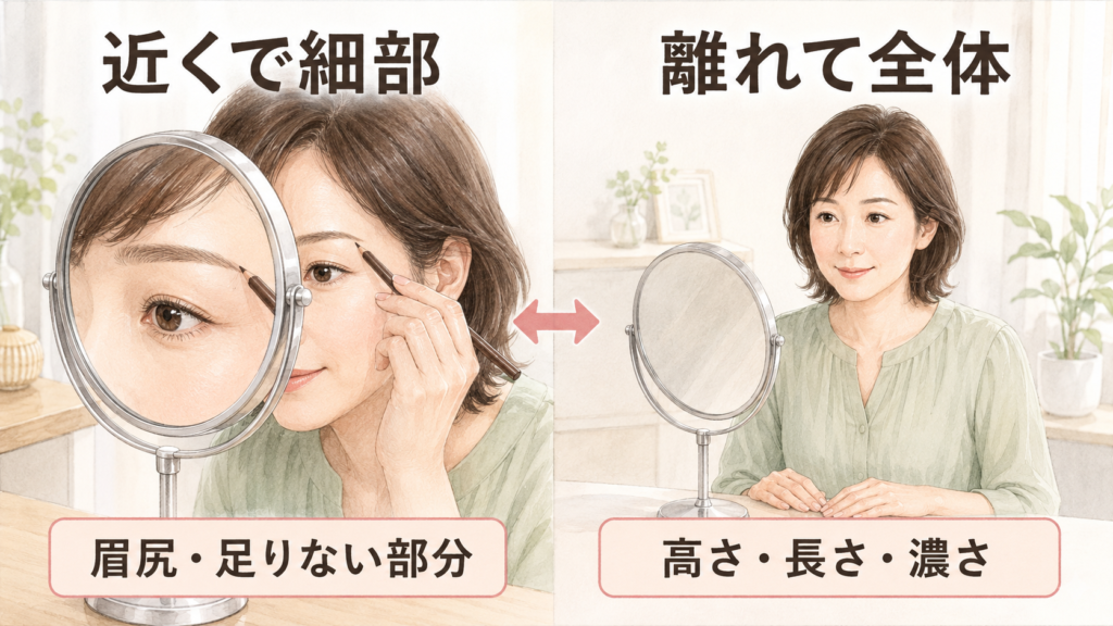 拡大鏡で眉毛の細部を見て等倍鏡で左右差を確認する女性