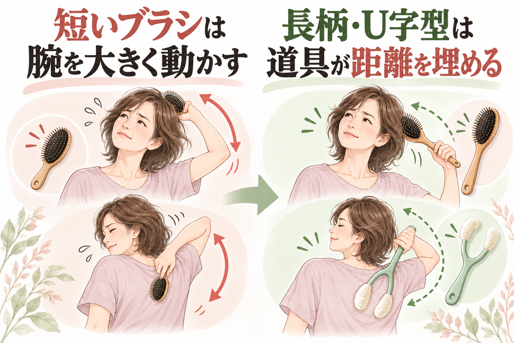 短いブラシと長柄・U字型ブラシで腕の動かし方を比較した図
