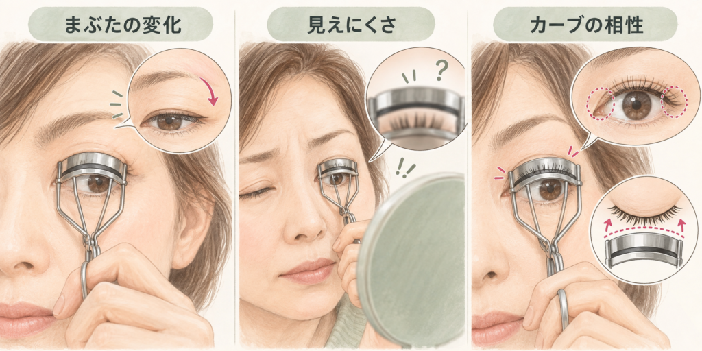 ビューラーでまぶたを挟む原因を説明した図
