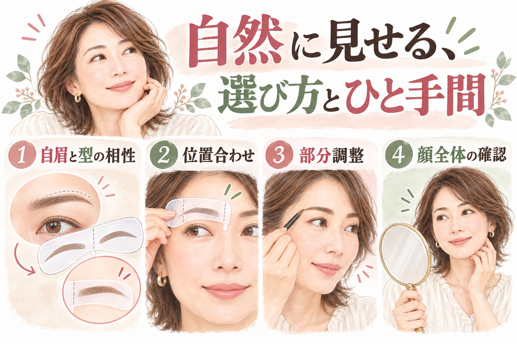 自眉と型の形を見比べ、位置と仕上がりを確認する眉メイクのポイント