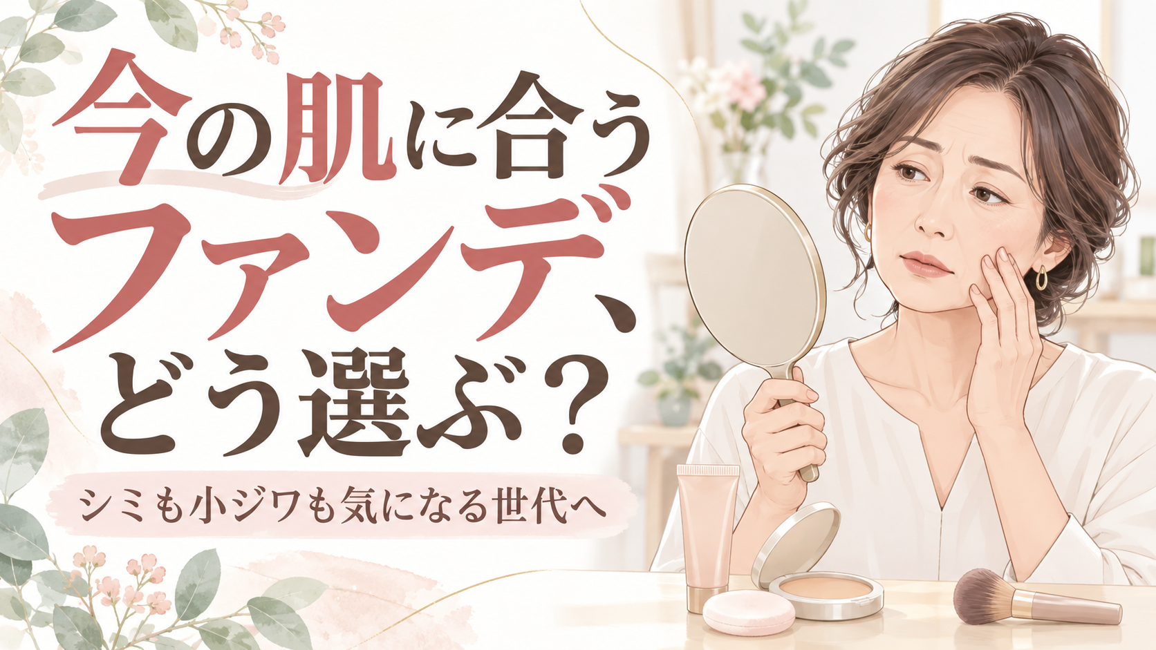 シミをカバーするベースメイクを鏡で確認する大人女性